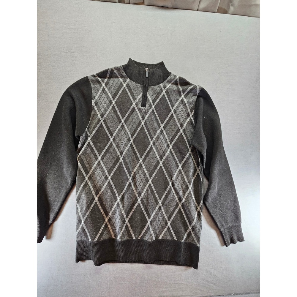 Studio by Omega Mens Argyle Quarter Zip Sweater Black Grey Mock Neck Large